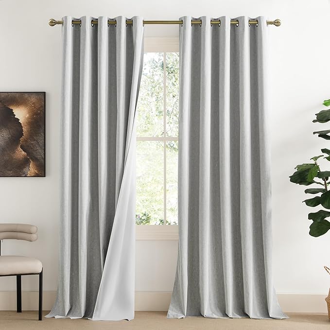 NICETOWN Grey Long Linen Full Shade Panels, 62" Wide x 120" Long, Pair of Thermal Insulated & Energy Efficiency Blackout Curtains for Living Room Windows, Lined Silky Performance Window Dressing