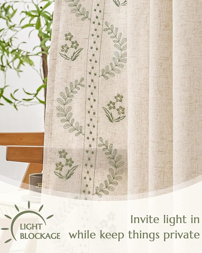 jinchan Belrose Lined Linen Blend Curtains Floral Curtains for Bedroom 63 Inch Length Sage Green Embroidered Drapes Rod Pocket Farmhouse Flower Drapes for Living Room Window Treatments Set 2 Panels