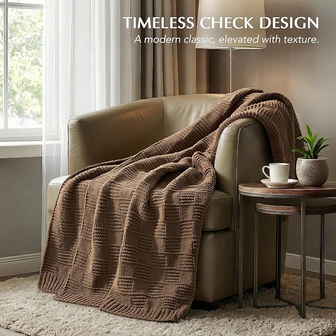 EVERGRACEHOME Modern Checkered Chenille Throw Blanket, Soft Cozy Plaid Knitted Chair Blanket for Sofa Couch, Decorative Knit Throw for Bed and Living Room, Camel Brown, 50" x 60"