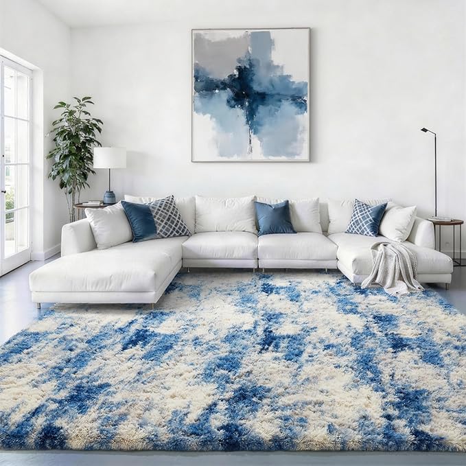 Ophanie Blue White and Grey Area Rugs for Living Room 8x10, Fluffy Shag Large Fuzzy Plush Soft Carpets, Floor Shaggy Rugs for Bedroom, Carpet for Kids Boys Girls Dorm Nursery Home Decor Aesthetic