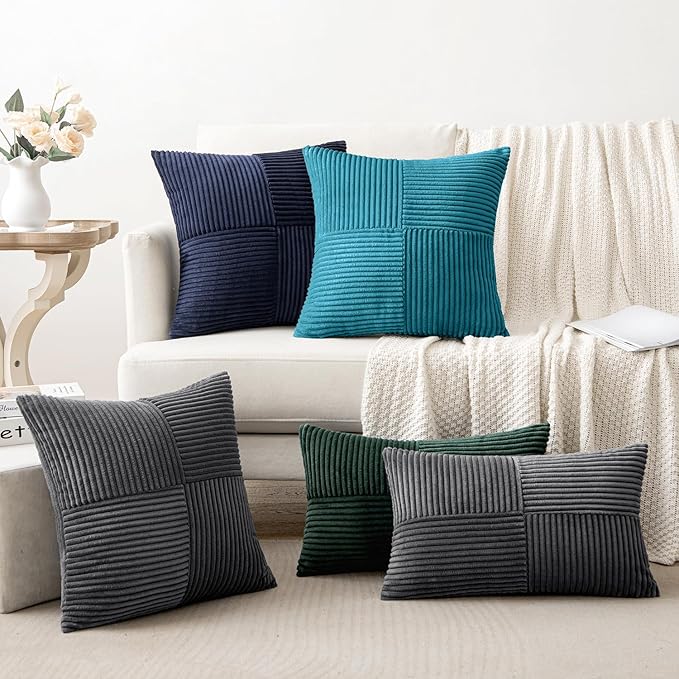 MIULEE Grey Decorative Lumbar Throw Pillow Covers 12x20 Inch for Couch Bed Sofa Pack of 2 Boho Farmhouse Throw Pillows Soft Cross Corduroy Patchwork Textured Cushion Cases