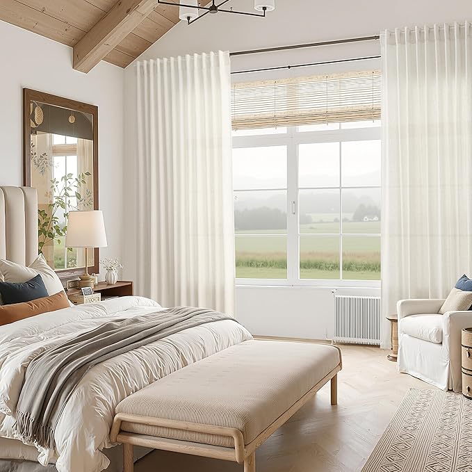 Nanspring Natural Linen Curtains for Living Room 94 Inches Long Rustic Farmhouse Decor Light Filtering Semi Sheer Curtain Back Tab and Rod Pocket Luxury Drapes for Bedroom Office 52x94, 2 Panels