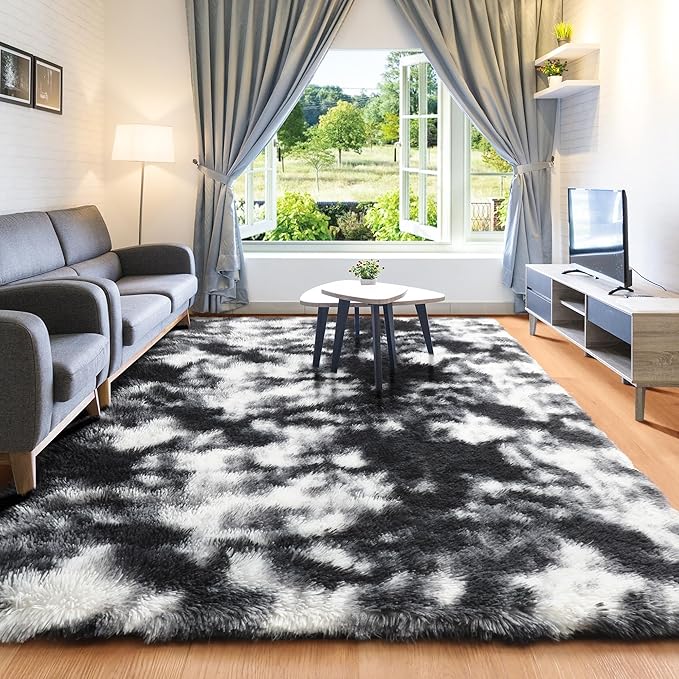 ONASAR Black and White Area Rugs for Living Room, 5x8 Fluffy Bedroom Rug, Soft Plush Shag Floor Carpet for Nursery Kids Girls Boys Teen Baby Dorm Bedside Playroom Indoor Home Decor Aesthetic