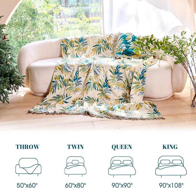 MSGKV Boho Throw Blanket for Couch Cotton Leaves Blanket 50"x60" Throws for Sofa Chair Muslin Spring Breathable Lightweight Farmhouse Blankets Home Decor All Seasons