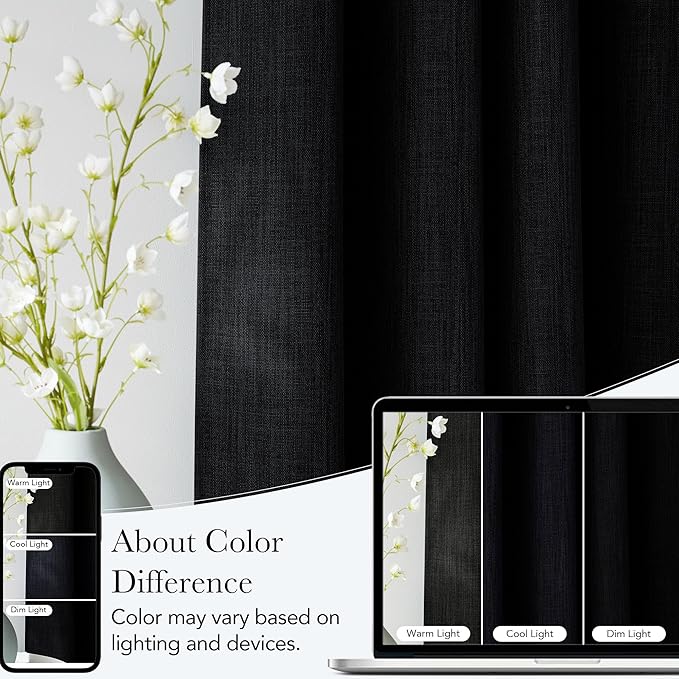 NICETOWN Short Faux Linen Black Blackout Curtains 63 inches Long for Kitchen - Privacy Panels for Living Room Bedroom, Modern Farmhouse Style Easy Care Grommet Top, 2 Panels, W42 by L63