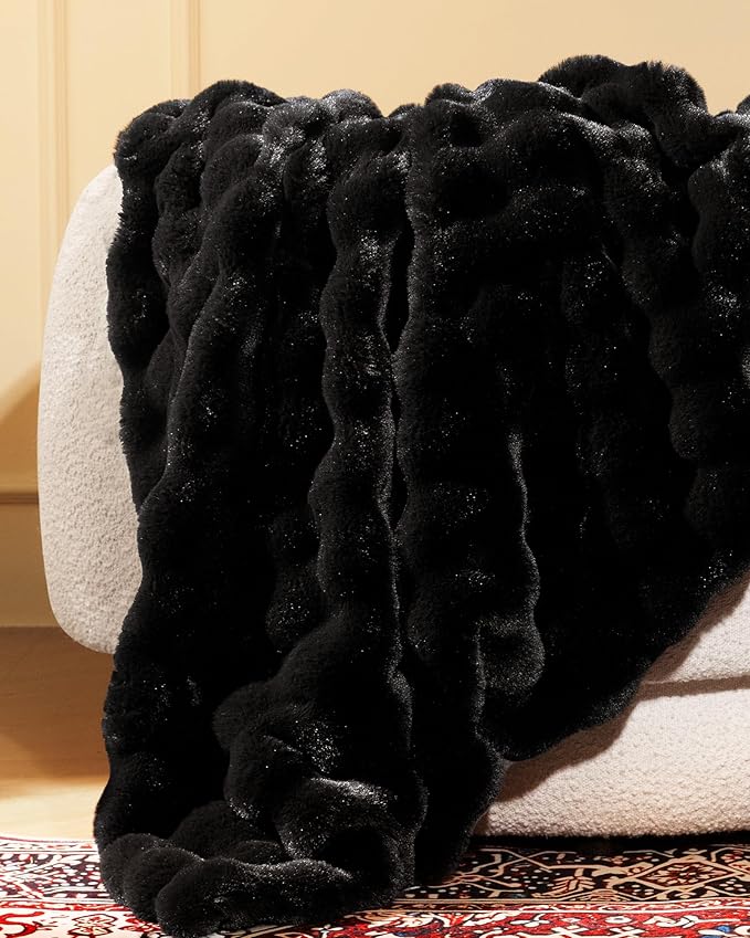 Ultra Soft Cozy Faux Fur Throw Blanket, Fuzzy Plush Thick Bubble Blanket, Luxury Fluffy Blanket for Couch, Sofa, Bedroom, and Living Room, 50x60 Inches, Black