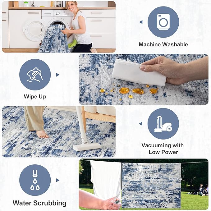 Area Rugs Living Room Rug - 5x7 Washable Modern Abstract Soft Neutral Non-Slip Carpet Large Indoor Floor Thin Carpets for Bedroom Dining Room Farmhouse Nursery Home Office Blue Gray