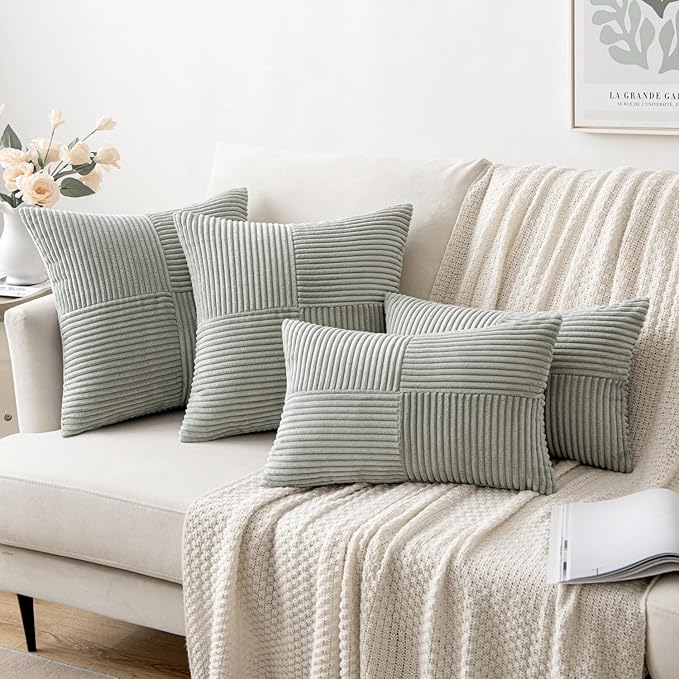 MIULEE Silver Grey Decorative Lumbar Throw Pillow Covers 12x20 Inch for Couch Bed Sofa Pack of 2 Boho Farmhouse Throw Pillows Soft Cross Corduroy Patchwork Textured Cushion Cases