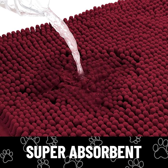 Smiry Dog Door Mat for Muddy Paws, Absorbent Dirt Trapper Non Slip Quick Dry Washable Chenille Mat for Mud Dogs, Entry Rug for Indoor and Outdoor (36x24 Inches, Burgundy and White)