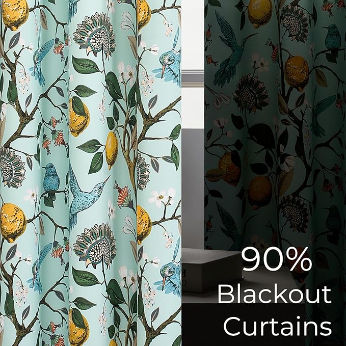 Topfinel 96 Inches Long Floral Curtains Unique Cottagecore Whimsical Vintage Pretty Fun Floral Hummingbird Patterned Double Sided Grommet Green Print Drapes Two Pages for Bedroom Living Room Dining