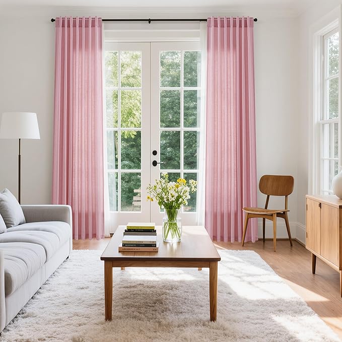 Rose Linen 96 Inch Long Curtains Panels 2 Panel Set with Back Tab Rod Pocket Semi Sheer Light Filtering Boho Aesthetic Style Room Decor Burlap Look Curtain for Bedroom and Living Room 52x96 Inch