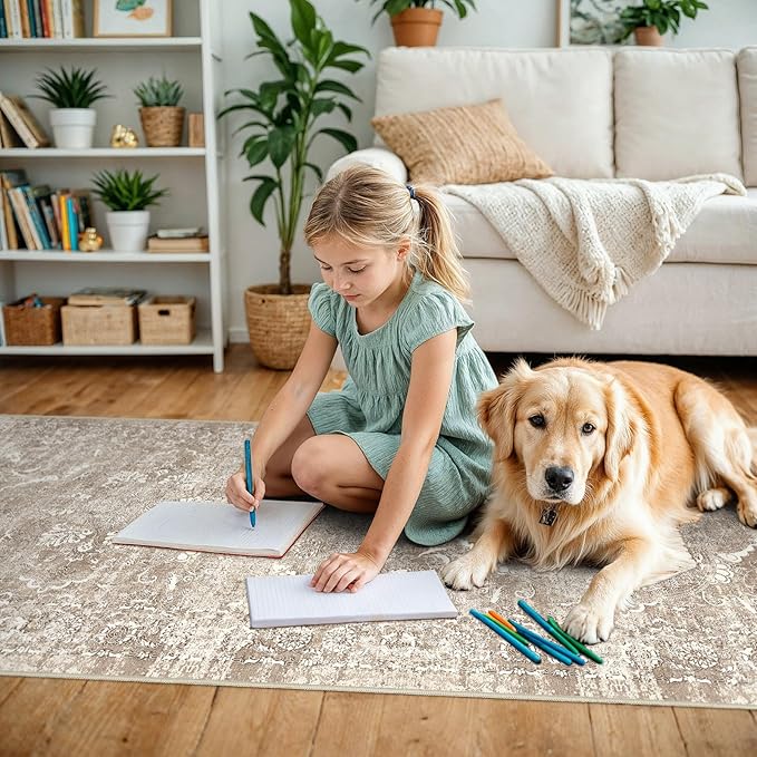 4x10 Washable Hallway Runner Rug - Wide Kitchen Runners Vintage Low Pile Carpet Soft Thin Floor Runner with Rubber Backing for Entryway Bedroom Living Room Home Decor (Beige)