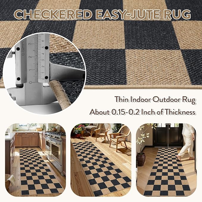 Lahome Colette Checkered Easy Jute Runner Rug, 2x8 Kitchen Rug Non Slip Washable Outdoor Runner for Entryway Indoor, Checkerboard Black Indoor Outdoor Carpet for Hallway 8ft Entry