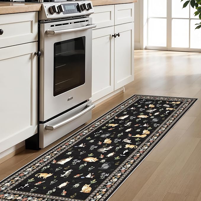 2'6"x8' Washable Kitchen Runner Rug - Soft Low Pile Floral Animal Cat Print Rugs with Non-Slip Backing Waterproof Stain-Resistant Indoor Carpet for Hallway Entryway Bathroom Bedroom (Black)