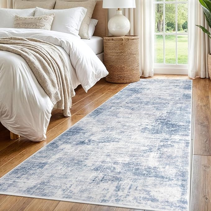 IOHOUZE Abstract Runner Rug 3x8 Ft Washable Runners for Hallways, Non Slip Kitchen Runner Printed Faux Wool Entryway Runners Indoor, Modern Abstract Floor Carpet for Hall Bedroom, Light Blue Grey