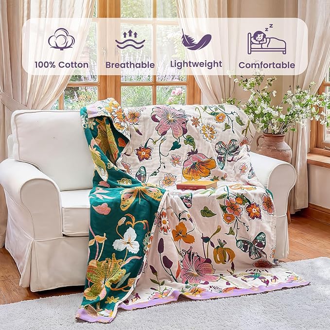 MSGKV Boho Throw Blanket 60"x80" Floral Blanket for Bed Couch 100% Cotton Spring Breathable Lightweight Farmhouse Twin Blankets All Seasons Home Decor Muslin