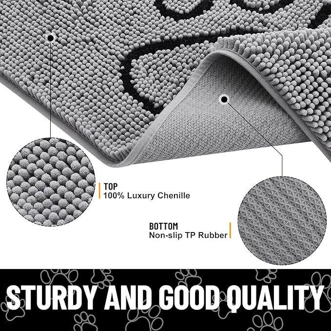Smiry Dog Door Mat for Muddy Paws, Absorbent Dirt Trapper Non Slip Quick Dry Washable Chenille Mat for Mud Dogs, Entry Rug for Indoor and Outdoor (44x32 Inches, Grey and Black)