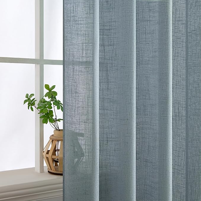 MIULEE Dusty Blue Linen Curtains 84 Inch Length 2 Panels for Bedroom Living Room, Soft Thick Linen Textured Window Drapes Semi Sheer Light Filtering Back Tab Rod Pocket Burlap Look Light Blue Decor