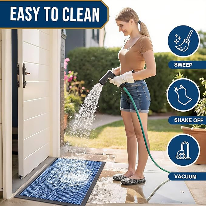 Smiry Front Door Mat Outside Entrance, Heavy Duty Sturdy Natural Rubber Doormat, Trap Dirt and Moisture, Easy Clean Low Profile Welcome Floor Mats for Indoor Outdoor Entry, 35X23 Inch, Blue