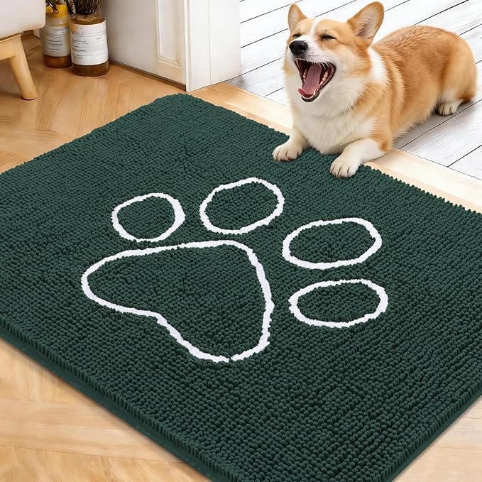 OLANLY Dog Door Mat for Muddy Paws 40x32, Paw Print Design, Absorbs Moisture and Dirt, Absorbent Non-Slip Washable Doormat, Quick Dry Chenille Mud Mat, Entry Indoor Entryway Carpet, Blackish Green