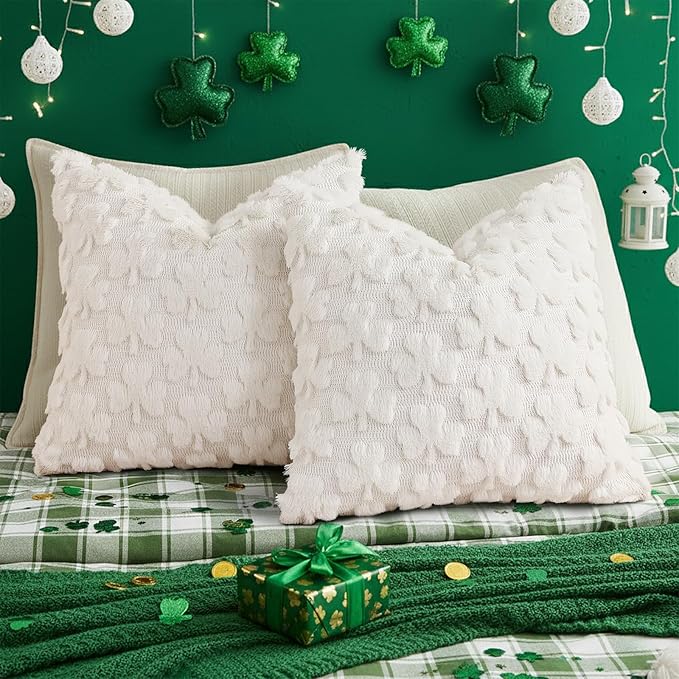 decorUhome St. Patrick’s Day Shamrock Pillow Covers 18x18 Inch Set of 2, Soft Plush Faux Wool Cream White Throw Pillow Covers, Farmhouse Spring Holiday Decor for Sofa Living Room
