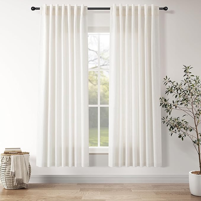 Ivory White Semi Sheer Linen Curtains 72 inch Length for Living Room Back Tab Rod Pocket Modern Farmhouse Coastal Decor Ivory White Cotton Textured Gauze Curtain 72 inches for Dining Room Office