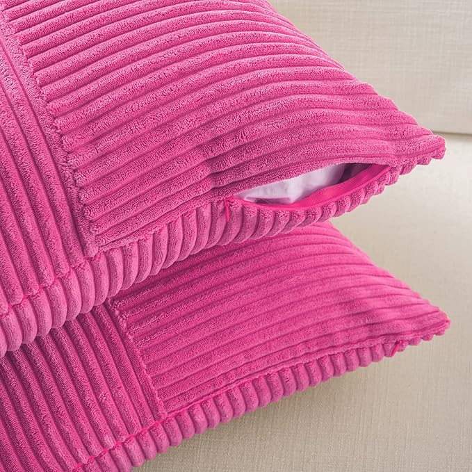 Fancy Homi 2 Packs Hot Pink Decorative Throw Pillow Covers 18x18 Inch for Living Room Couch Bed Sofa, Rustic Farmhouse Boho Home Decor, Soft Corss Corduroy Patchwork Textured Cushion Case 45x45 cm