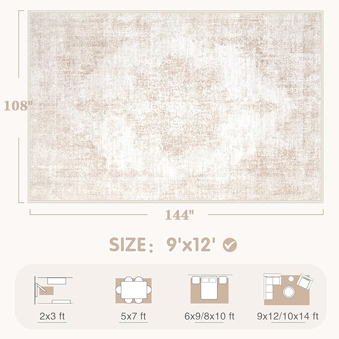 Area Rug 9x12 Vintage Rugs: Large Washable Living Room Rug Retro Medallion Distressed Soft Low Pile Non-Slip Rugs Indoor Floor Carpet for Bedroom Dining Table Office (Beige/Brown,9'x12')