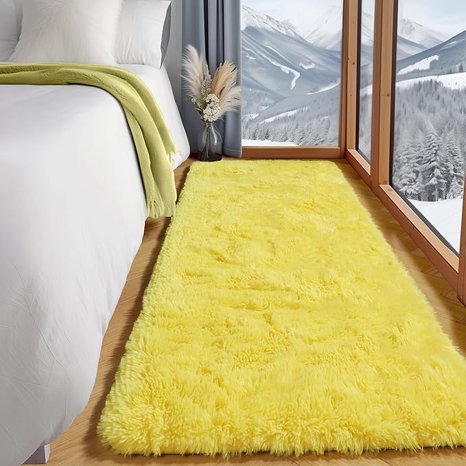 ONASAR Yellow Runner Rugs for Bedroom Living Room, Fluffy 2x6 Bedside Hallway Area Rug, Ultra Soft Plush Furry Faux Fur Non Slip Floor Carpet for Nursery Kids Dorm Closet Home Decor Aesthetic