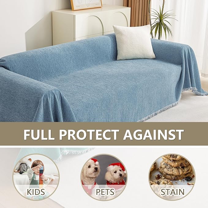 MYSKY HOME Couch Cover Sofa Covers, Sectional Couch Covers for 2-3 Cushion Couch Sofa, Chenille Sofa Slipcovers, Futon Covers, Machine Washable, Soft Furniture Protector for Kid, 71" x 134", Blue