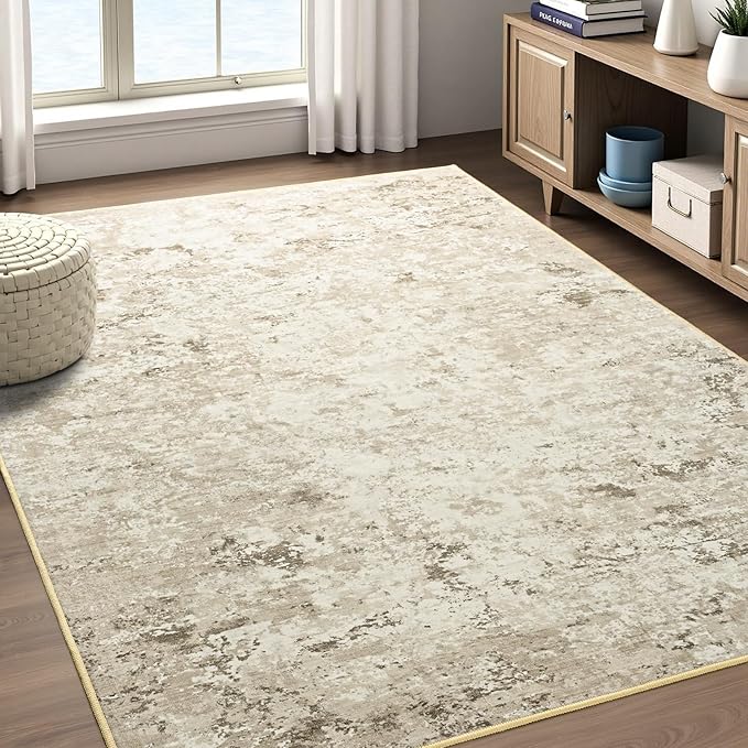 Toneed Abstract Area Rug Modern Washable Rug Soft Non Slip Rug Low Pile for Bedroom Living Room Dining Room Beige 3x5 Feet