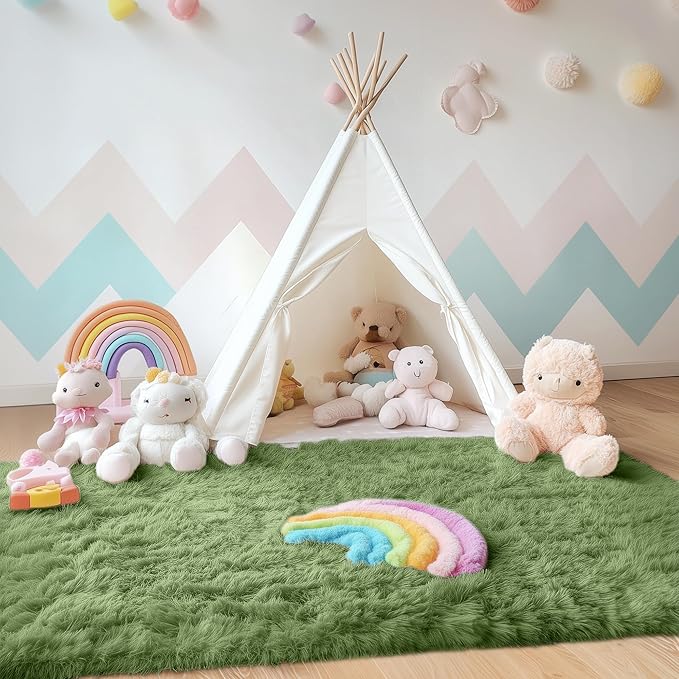 OLANLY Area Rugs for Living Room Bedroom, Machine Washable 4x5.9 ft Soft Fluffy Shaggy Bedside Rug, Indoor Floor Carpet for Kids Girls and Boys, Dorms, Nursery Rooms, Home Decor Aesthetic, Green