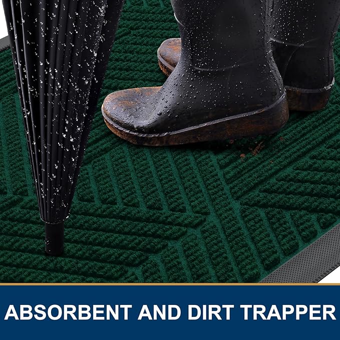 Smiry Front Door Mat Outside Entrance, Heavy Duty Sturdy Natural Rubber Doormat, Trap Dirt and Moisture, Easy Clean Low Profile Mats for Indoor Outdoor Entry, Irregular Triangle (29.5x17, Deep Green)