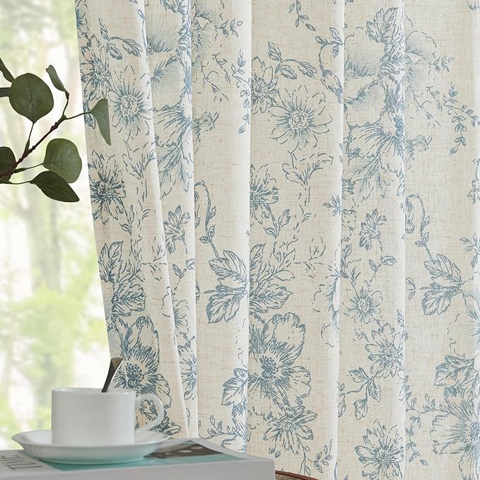 jinchan Linen Floral Curtains 84 Inch Length for Living Room Bedroom Light Filtering Farmhouse Peony Flower Drapes Rustic Window Curtain Set Rod Pocket Back Tab 2 Panels Blue