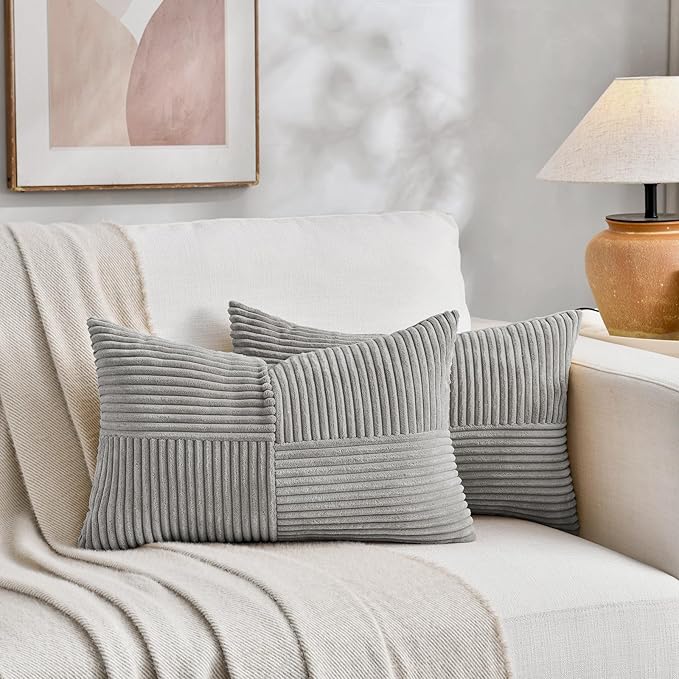 Fancy Homi 2 Packs Grey Lumbar Decorative Throw Pillow Covers 16x32 Inch for Living Room Couch Bed Sofa, Rustic Farmhouse Boho Home Decor, Soft Striped Corduroy Rectangle Accent Cushion Case 40x80 cm