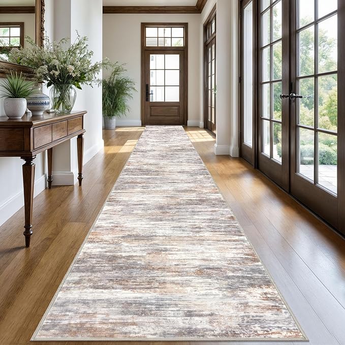 KOZYFLY Modern Abstract Washable Long Runner Rug 2.6x20 Hallway Rug Runner Non-Slip Soft Kitchen Runner Rugs, Multi Grey/Orange 20 Foot Carpet Runners for Stair Entryway Bathroom