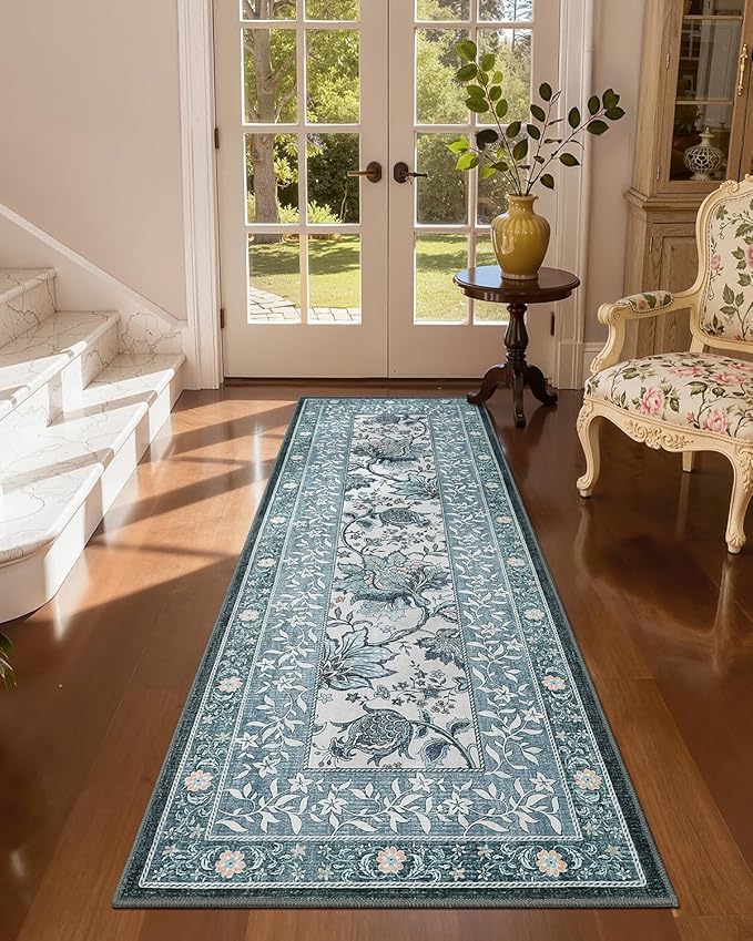 GarveeHome Provence Misty Blue 2x6 Washable Kitchen Runner Rugs Non Slip Vintage Boho Cottage Long Rug for Hallways Bedroom Entryway Bathroom Mat with Rubber Back