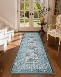 GarveeHome Provence Misty Blue 2x6 Washable Kitchen Runner Rugs Non Slip Vintage Boho Cottage Long Rug for Hallways Bedroom Entryway Bathroom Mat with Rubber Back