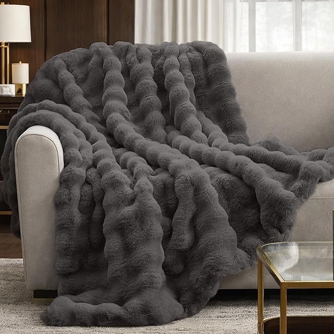 Cozy Bliss Faux Fur Bubble Throw for Couch, Fuzzy Soft Plush Thick Blanket for Sofa Bed Gift, 50x60 Inches Charcoal Grey