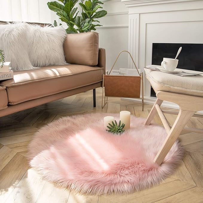 Ashler Faux Fur Rug, Pink Fluffy Shaggy Area Rug, Soft 3x3 Ft Round Sheepskin, Fuzzy Machine Washable Carpet, Nursery Rug for Kids Bedroom, Living Room