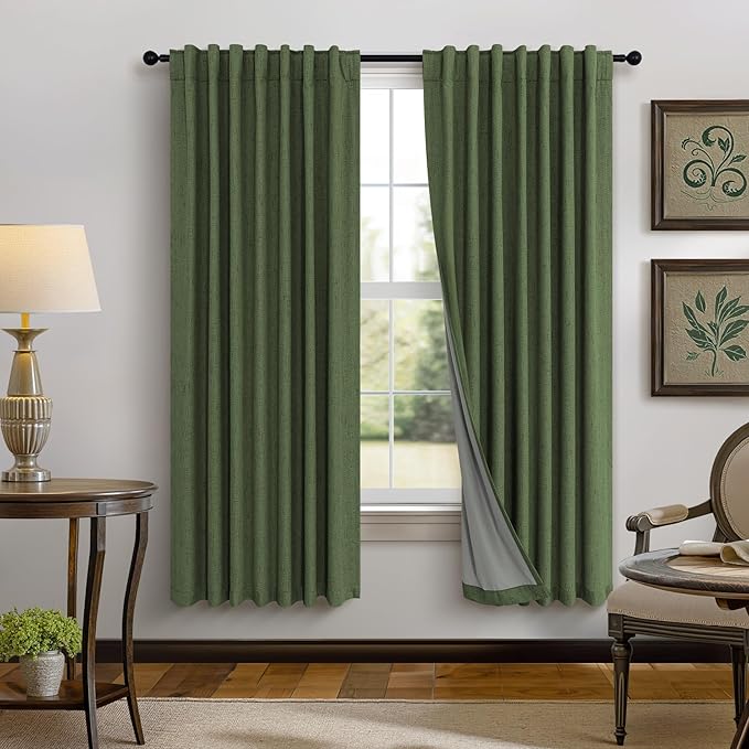 Pitalk Olive Green Blackout Curtains 63 Inch Length 2 Panel for Boys Bedroom Kids Nursery Decorative Linen Room Darkening Grass Forest Green Curtains Sound Draft Cold Heat Light Blocking Retro Vintage