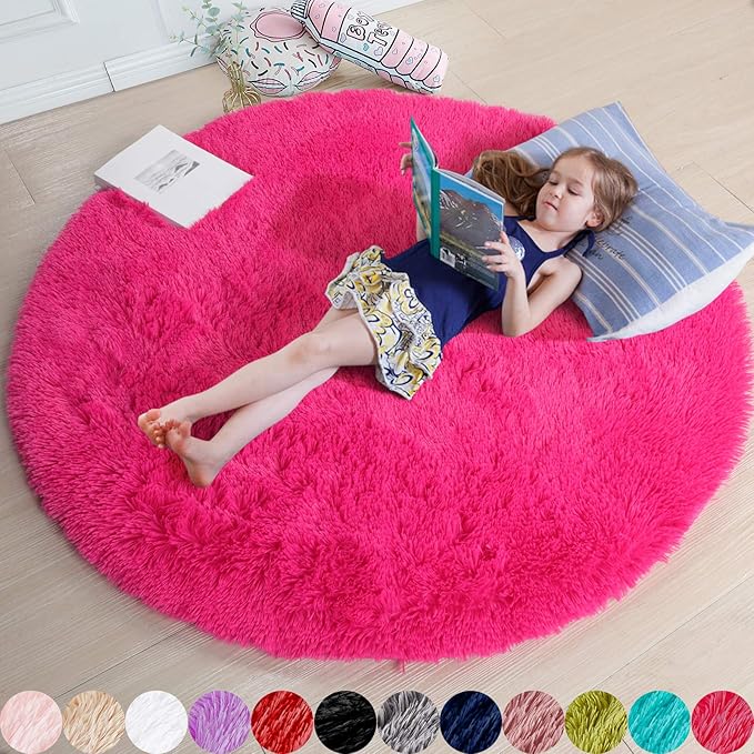 Hot Pink Round Rugs 5Ft for Girls Bedroom, Fluffy Circle Area Rug for Kids Room Decor Aesthetic, Shag Plush Fuzzy Furry Carpet for Living Room, Nursery, Dorm, Classroom, Teen, Cute Princess Baby Rug