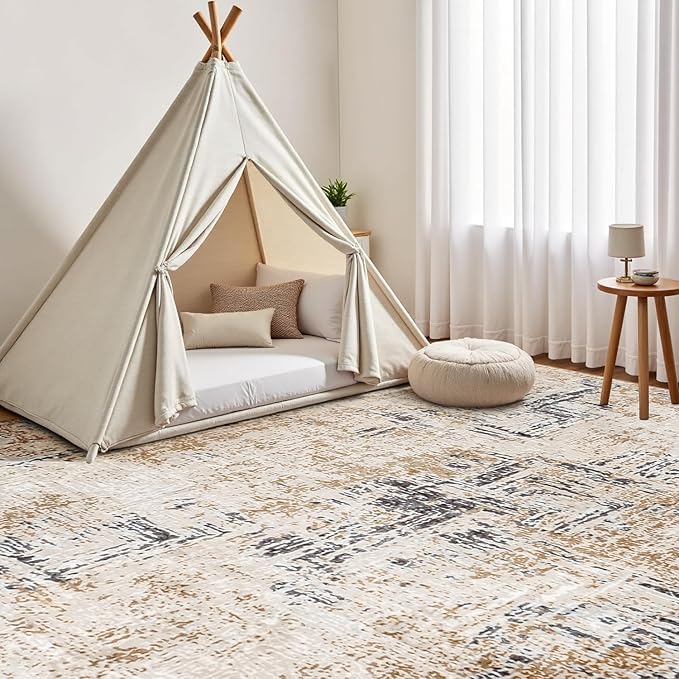 Rugflix 8x10 Washable Area Rugs, Neutral Boho Carpet Living Room Rug Non Slip Stain Resistant, Large Area Rug for Indoor Bedroom Dining Room Office, Brown