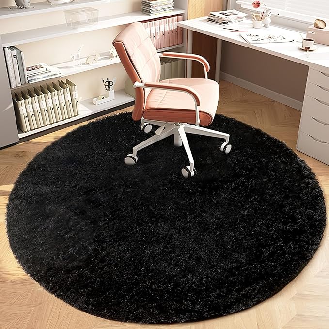 Black Round Rugs for Bedroom: 4ft Circle Fluffy Shag Soft Washable Rug Small Fuzzy Plush Indoor Carpet for Kids Girls Boys Nursery Dorm Classroom (Black, 4'x4')