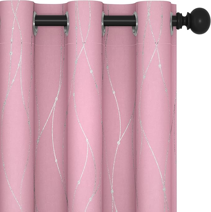 Deconovo Short Blackout Curtain, Pink Curtain, Thermal Insulated Soundproof Grommet Drapes, Wave Line Dot Foil Print, 38 x 54 Inch, 2 Panels, Machine‑Washable Window Panel for Small Windows Kitchne