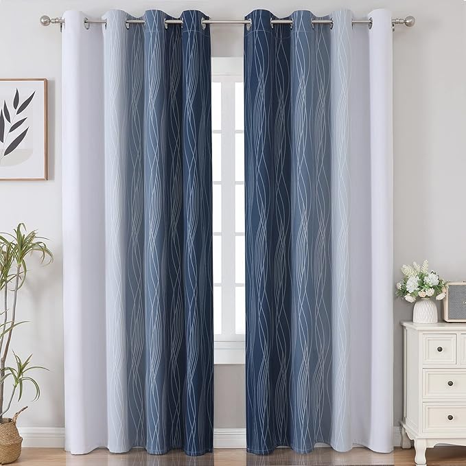 Estelar Textiler Navy Blue and Greyish White Blackout Curtains for Bedroom 84 Inches Long, Full Room Darkening Grommet Curtains for Living Room,Thermal Insulated Ombre Drapes,52Wx84L,2 Panels
