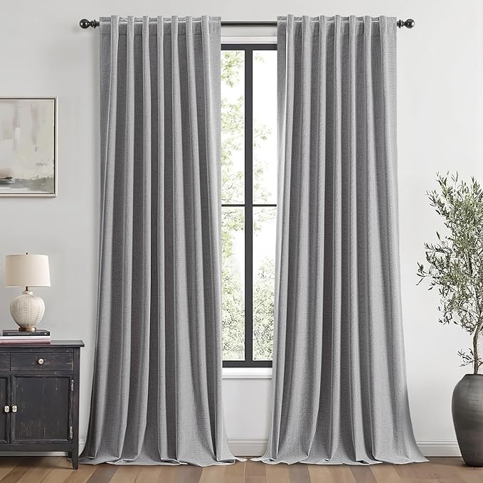 MIULEE 100% Blackout Linen Curtains for Bedroom, Glacier Gray Solid Luxury Decor Thermal Insulation Room Darkening Drapes for Living Room Nursery Back Tab Rod Pocket 42 x 96 Inches, 2 Panels