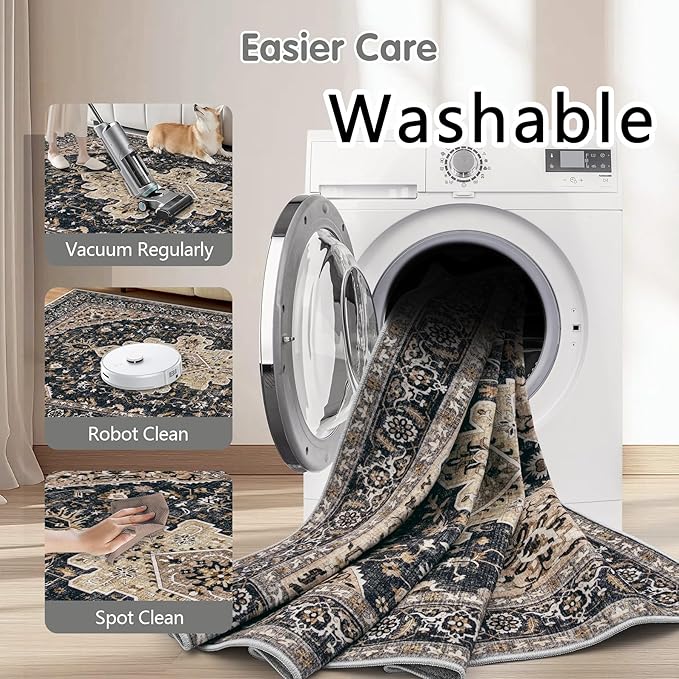 Area Rugs 6x9 Vintage Rug: Washable Living Room Rug Retro Medallion Distressed Large Soft Low Pile Non-Slip Indoor Floor Carpet for Bedroom Kitchen Nursery Dining Table Office (BeigeBlack, 6'x9')