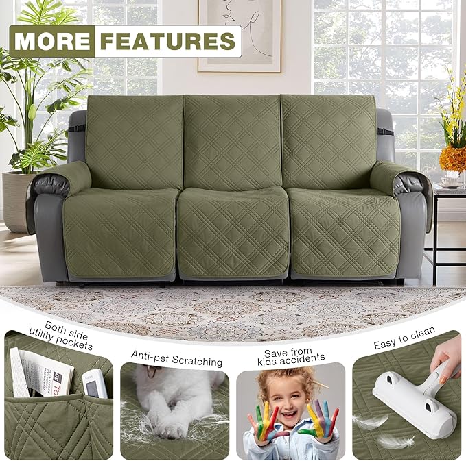 TAOCOCO 100% Waterproof Recliner Sofa Cover, Non Slip Split Couch Covers for Reclining Couches with Straps, Washable Reclining Sofa Cover Furniture Protector for Kids Pets(3 Seater, Green)
