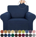 KEKUOU Stretch Single Sofa Slipcover 1 Piece Couch Sofa Cover (31"-55") Furniture Protector 1 Seater Sofa with Elastic Bottom for Kids,Pet.Jacquard Small Checked Pattern Fabric(Small,Navy Blue)